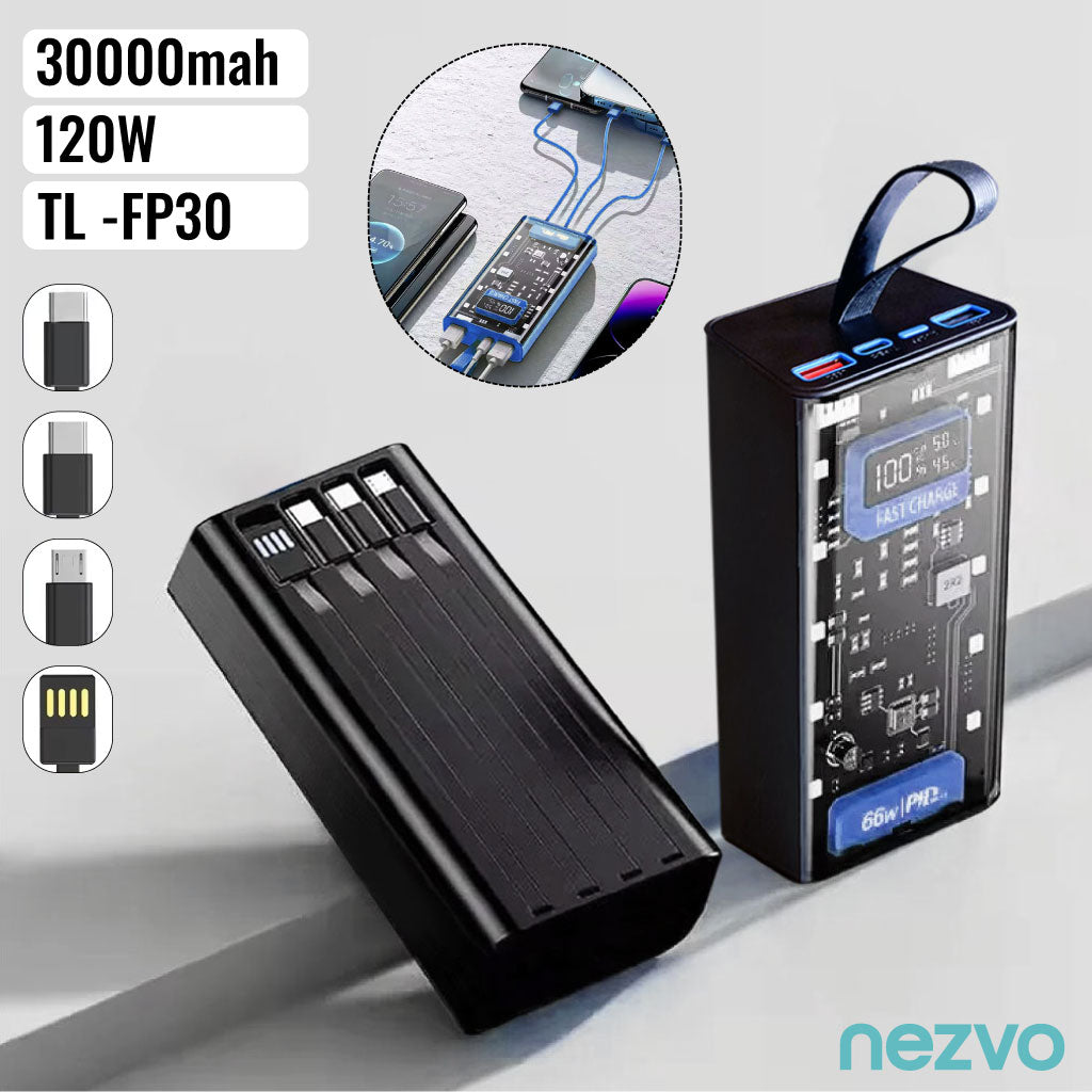 Power Bank Visible – Ultra Puissant avec 4 Câbles Intégrés