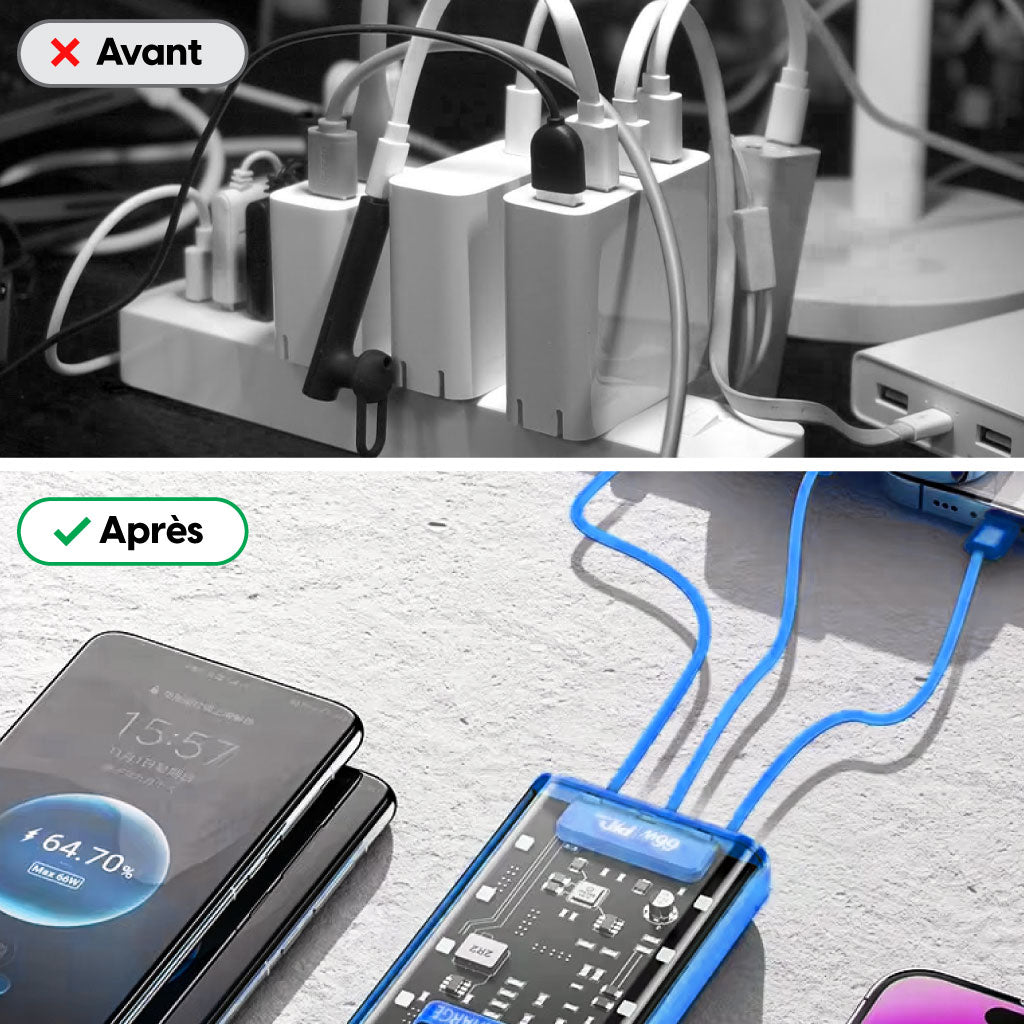 Power Bank Visible – Ultra Puissant avec 4 Câbles Intégrés
