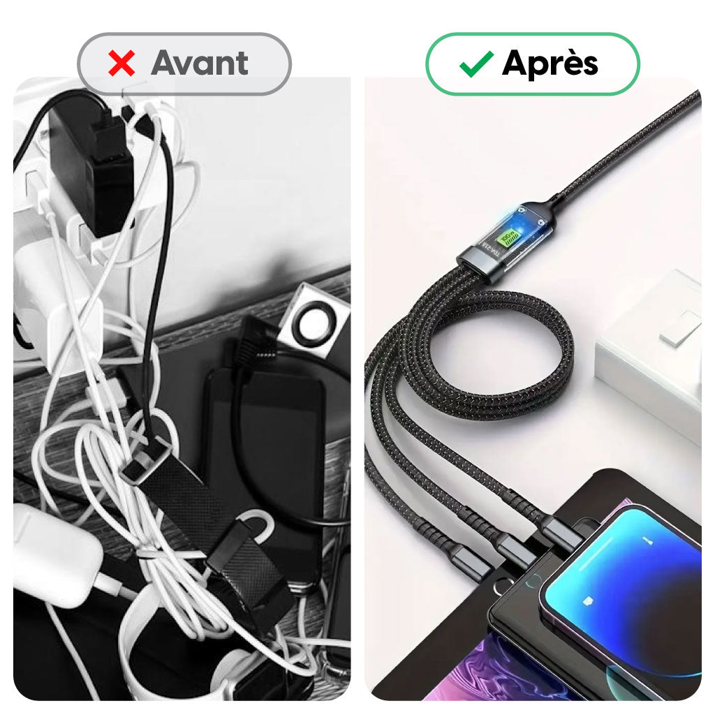 Câble de Charge 3-en-1 – Puissance 100W avec Écran LED