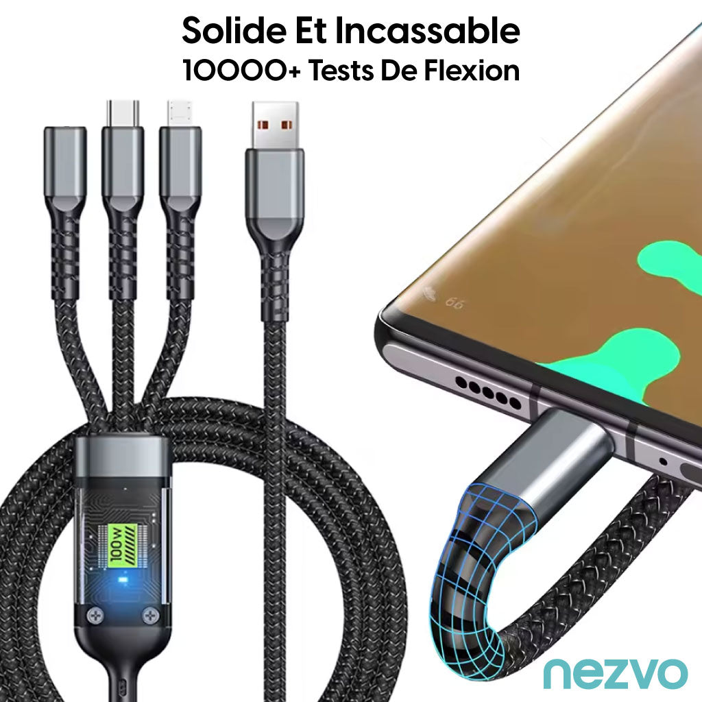 Câble de Charge 3-en-1 – Puissance 100W avec Écran LED