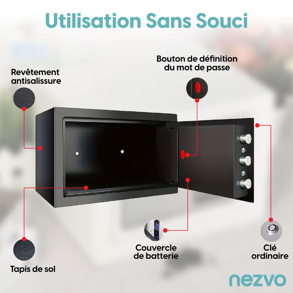 Coffre-Fort Avec Serrure Digitale + 2 Clés de Secours