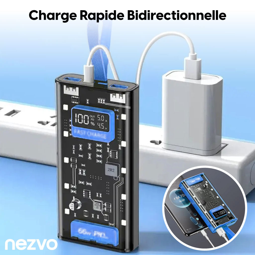 Power Bank Visible – Ultra Puissant avec 4 Câbles Intégrés