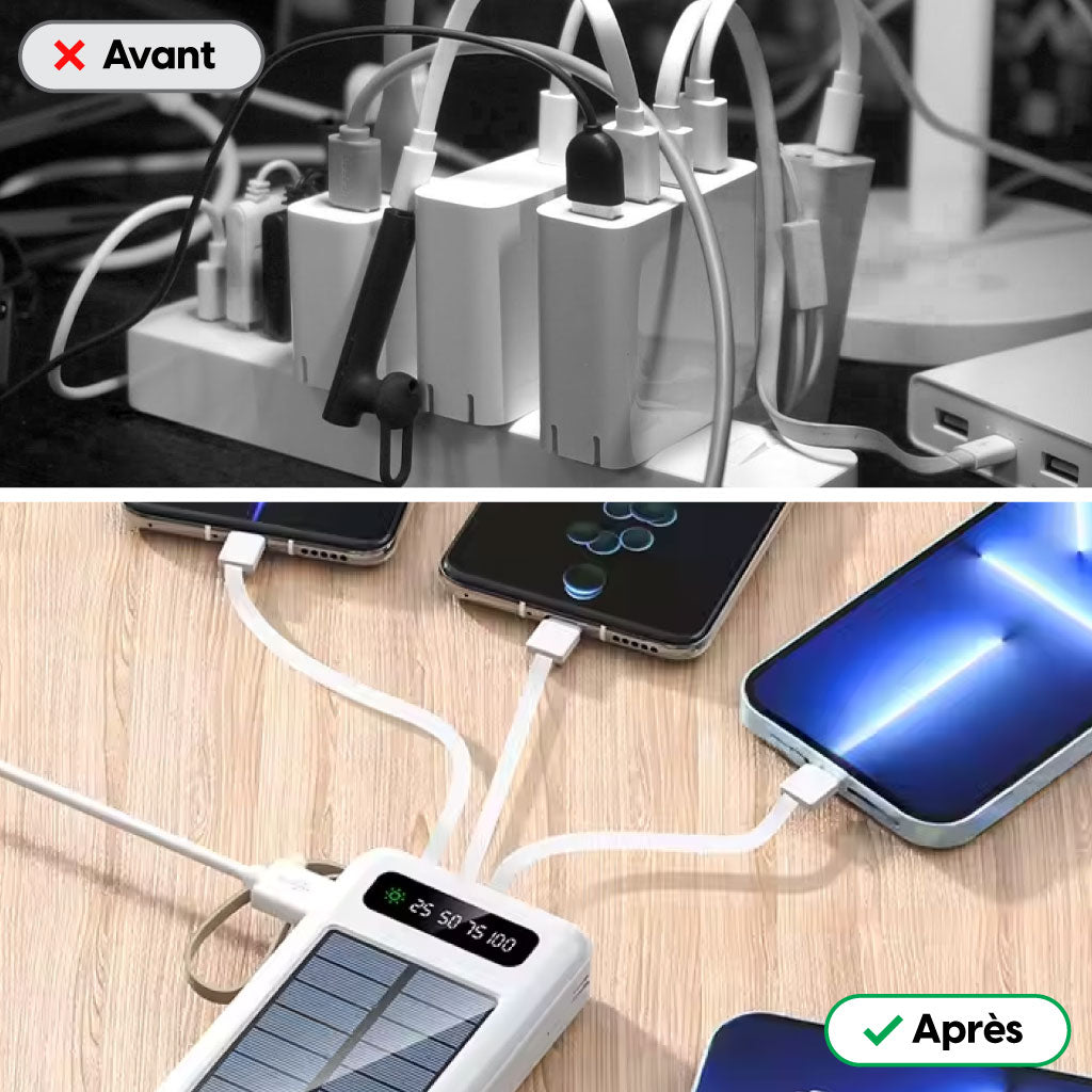 Power Bank Solaire – Recharge Écologique avec Câbles Intégrés
