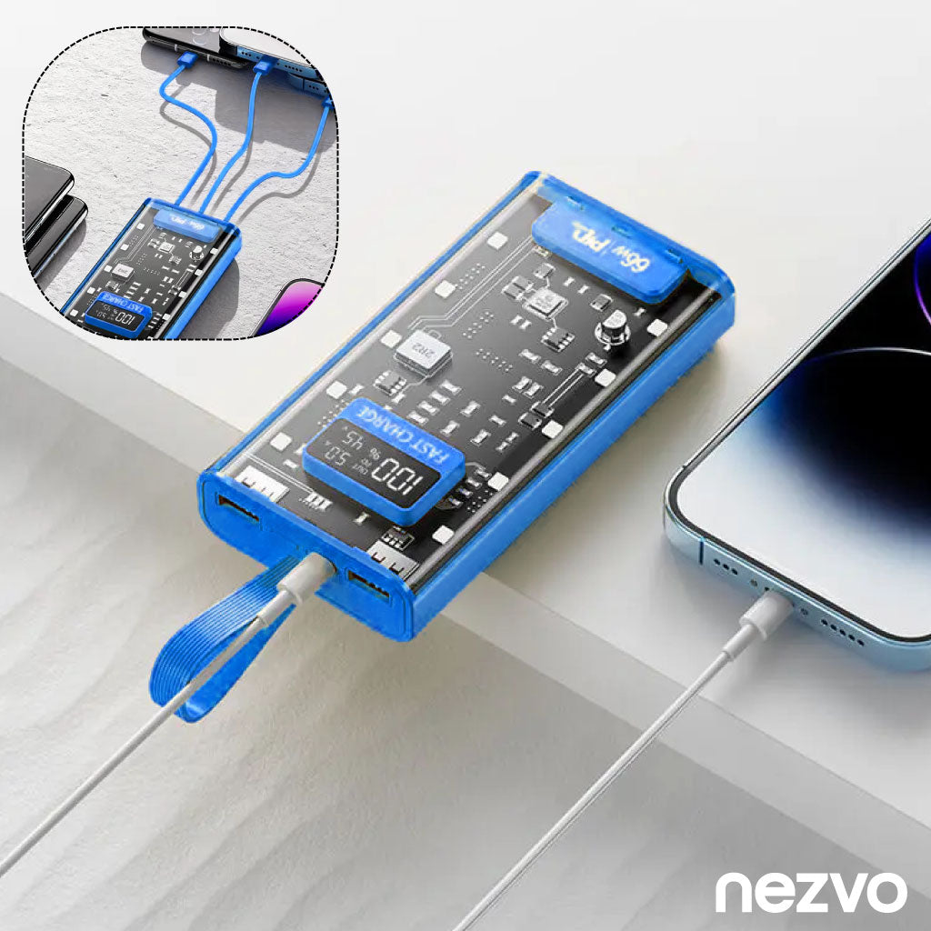 Power Bank Visible – Ultra Puissant avec 4 Câbles Intégrés