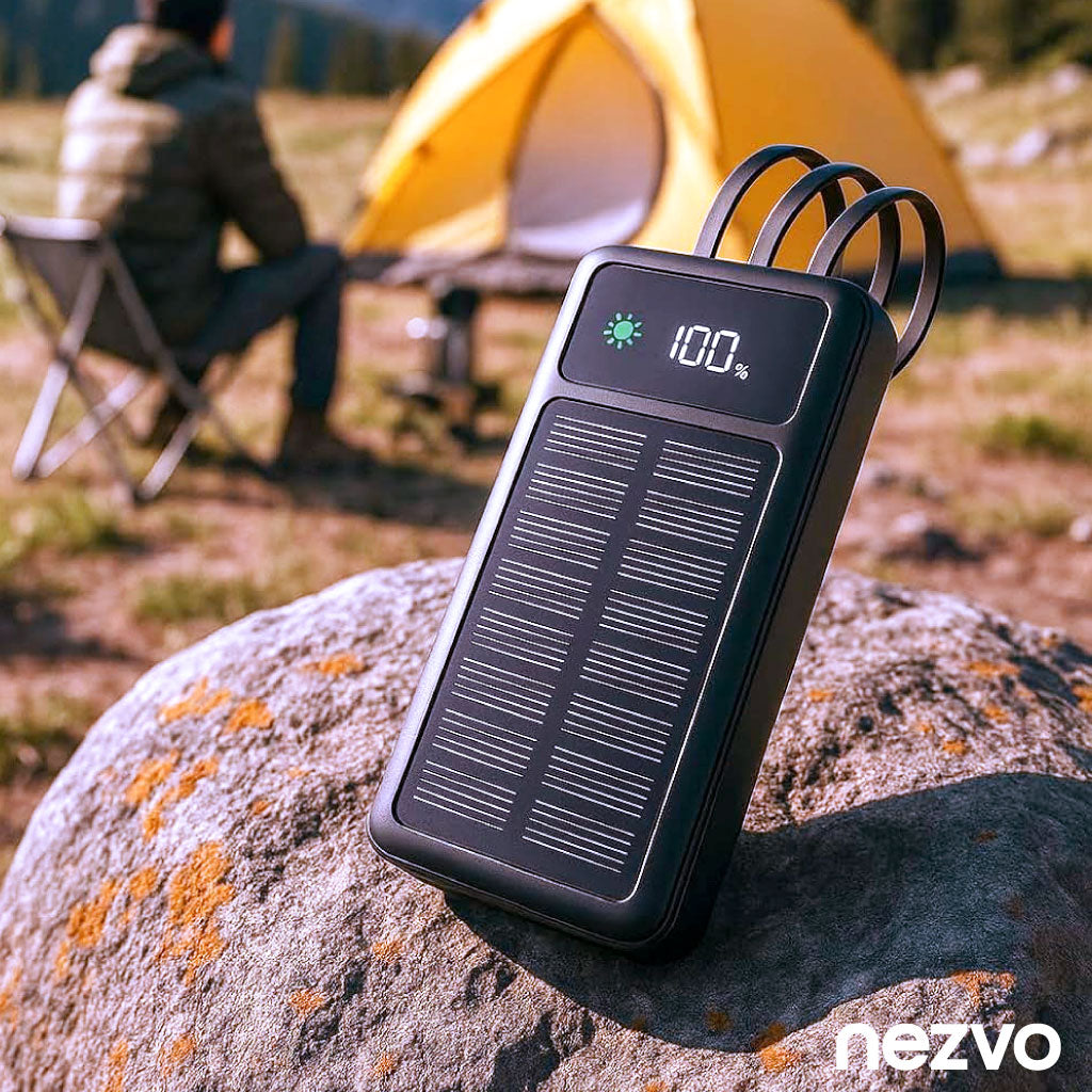 Power Bank Solaire – Recharge Écologique avec Câbles Intégrés