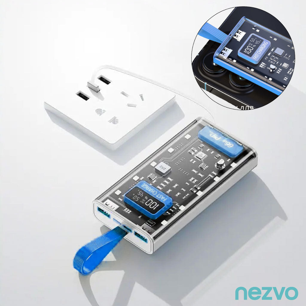 Power Bank Visible – Ultra Puissant avec 4 Câbles Intégrés