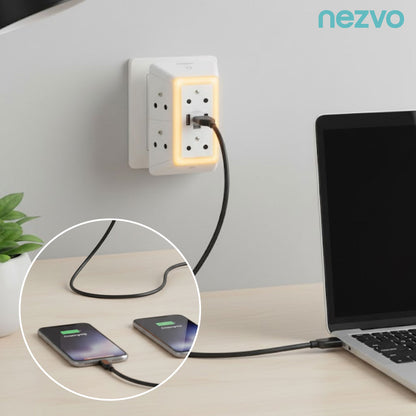 Multiprise Murale 6 Prises + 3 Ports USB avec Veilleuse Tactile