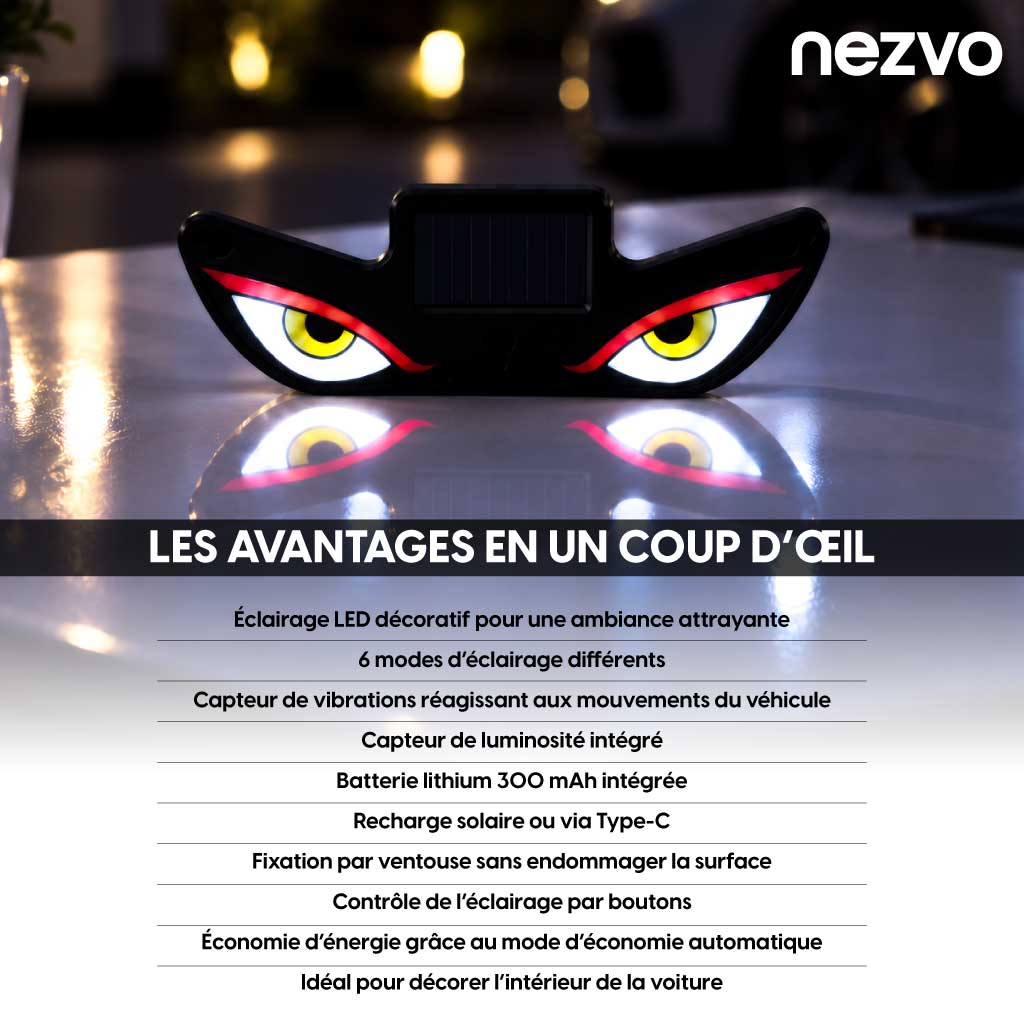 Evil Eyes – Lampe LED Solaire pour Voiture - 6 Modes