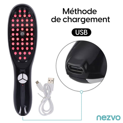 Brosse électrique avec lumière, vibrations et ions négatifs pour des cheveux en pleine santé.