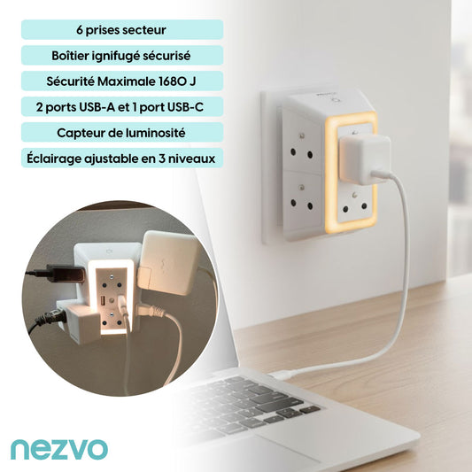 Multiprise Murale 6 Prises + 3 Ports USB avec Veilleuse Tactile