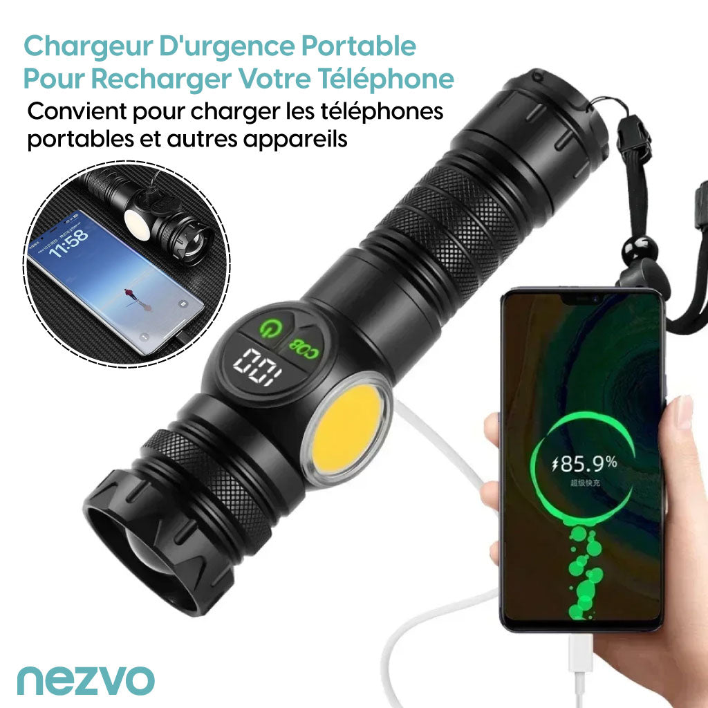 Lampe de Poche LED Haute Puissance Rechargeable avec Zoom Télescopique