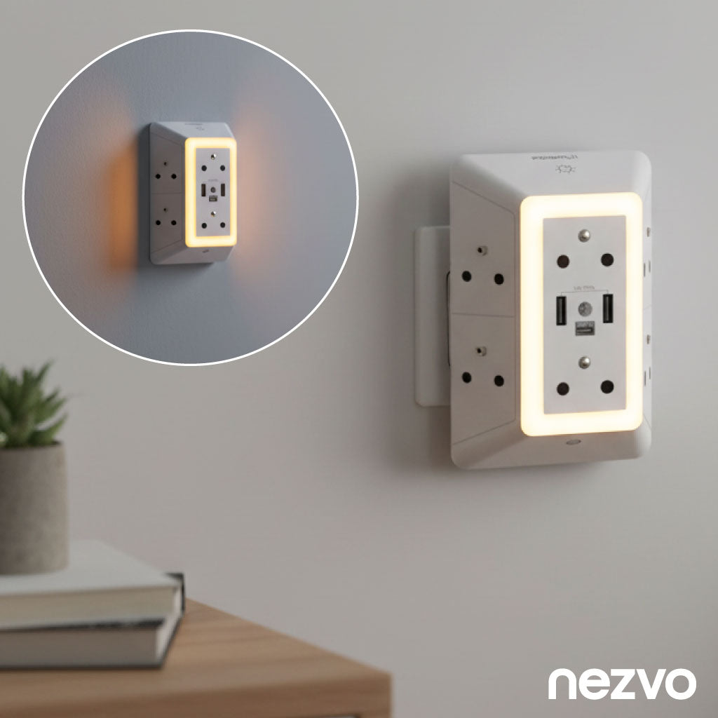 Multiprise Murale 6 Prises + 3 Ports USB avec Veilleuse Tactile