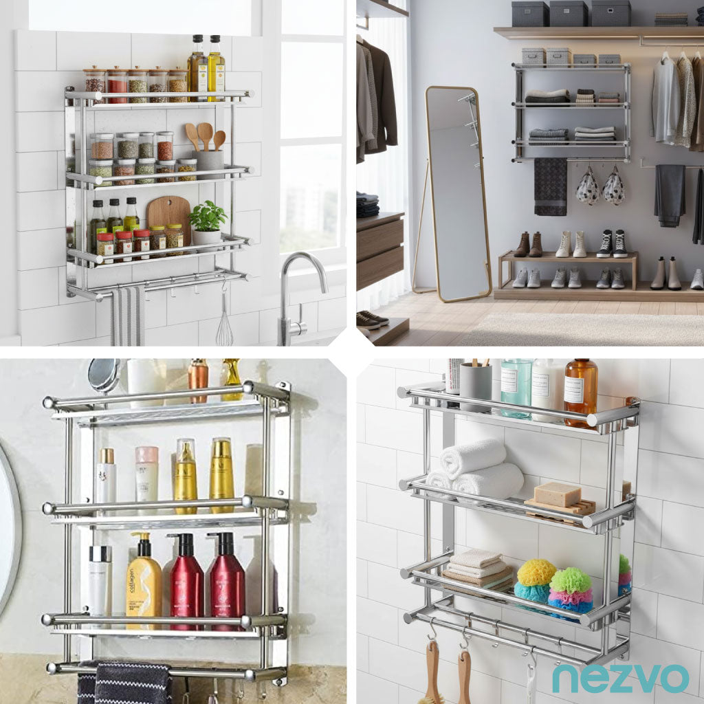 Étagère Murale Inox 3 Niveaux – Rangement Salle de Bain & Cuisine