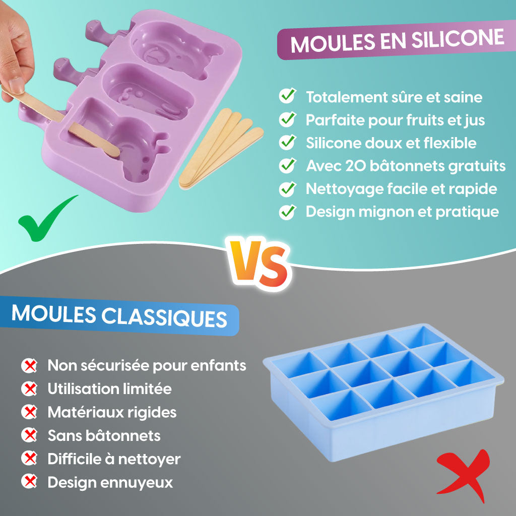 4 Moules à Glace en Silicone + 20 Bâtonnets – Rafraîchissez Votre Été !