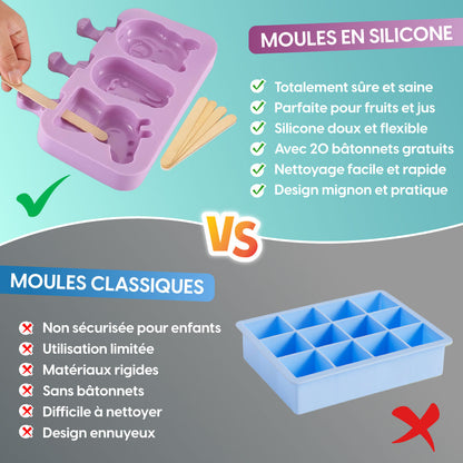 4 Moules à Glace en Silicone + 20 Bâtonnets – Rafraîchissez Votre Été !